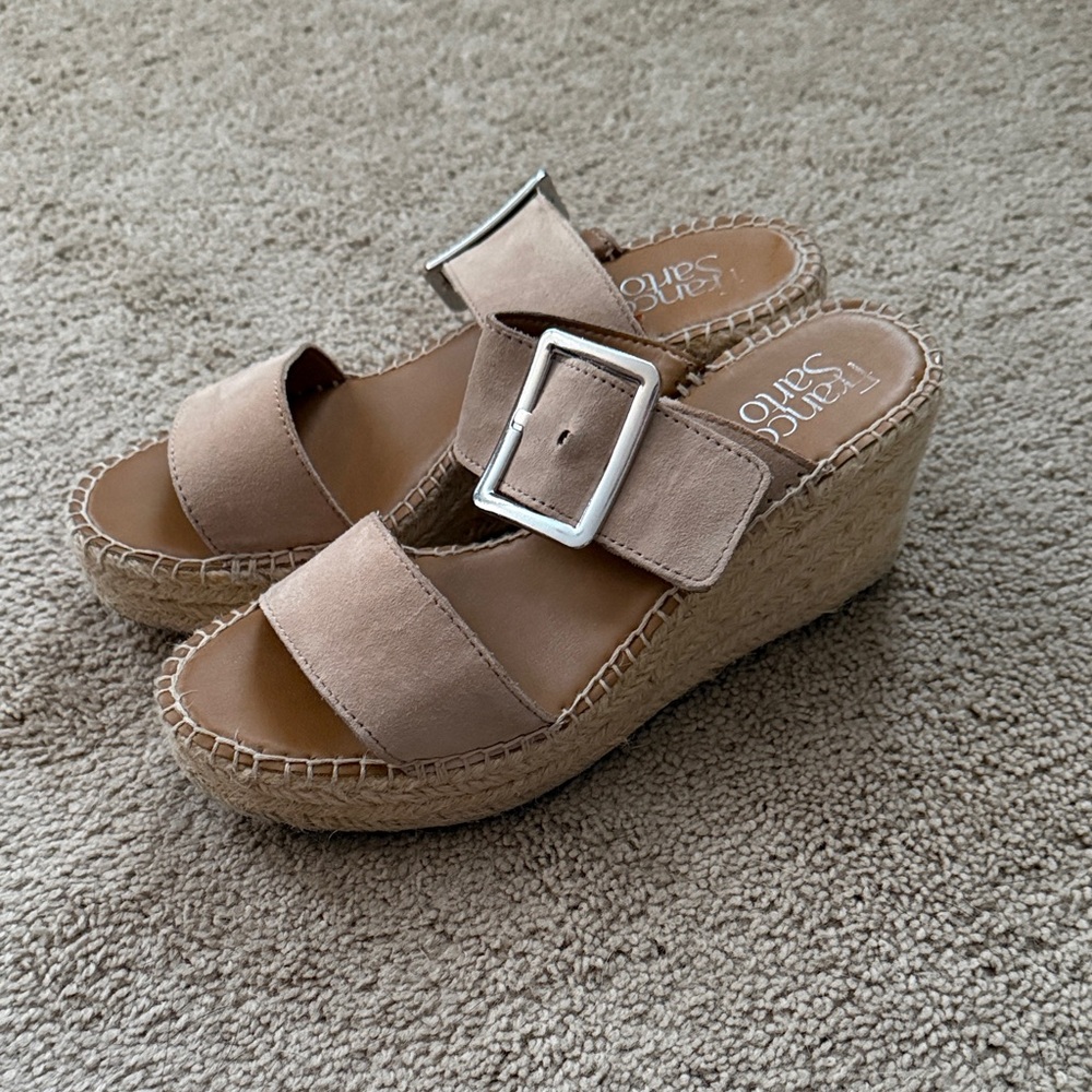 Franco Sarto Beige Wedge Sandals with Silver Buckle